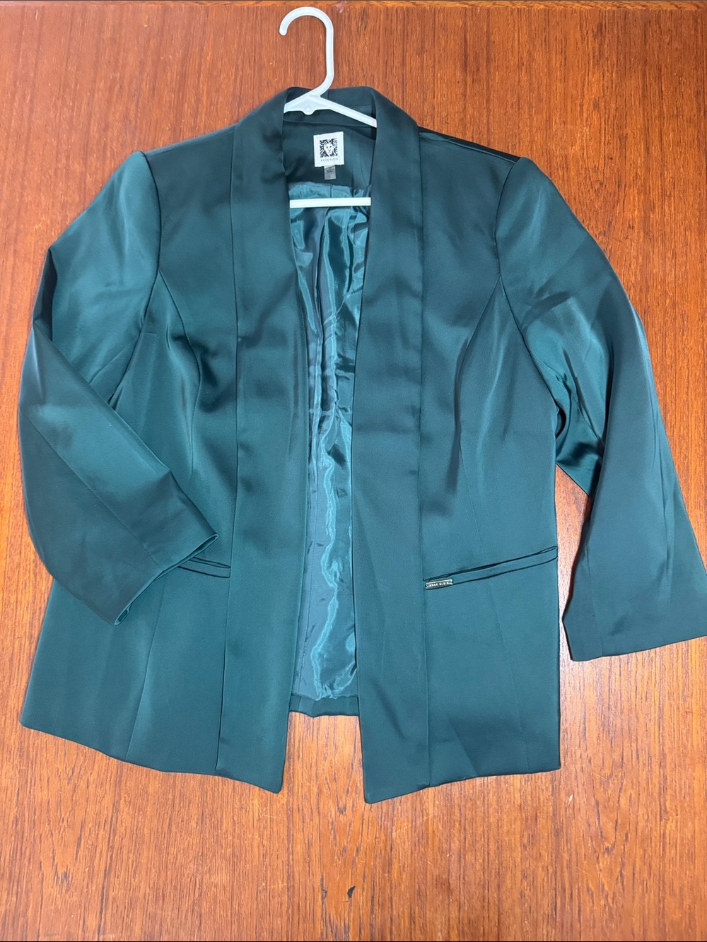 Anne Klein Forest Green Satin Open-Front Blazer Jacket